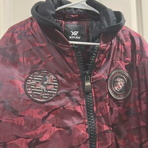 Like New! XRAY Aviator camo bomber ZipUp Jacket hood Military patches pockets XL